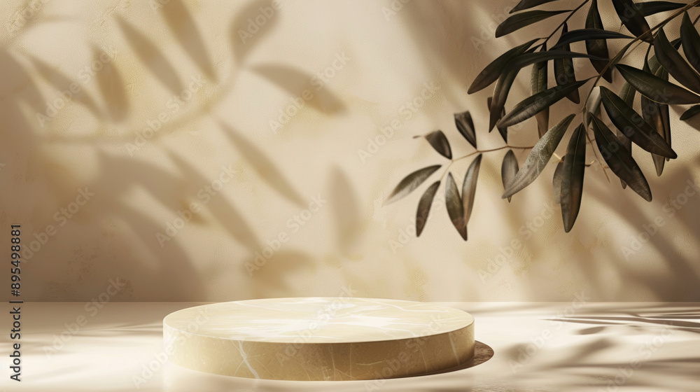 Circle podium on beige surface for product display. Shadows of tree leaves and soft lighting create a natural, abstract scene. Circle podium on beige surface for product display. Shadows of tree leaves and soft lighting create a natural, abstract scene.