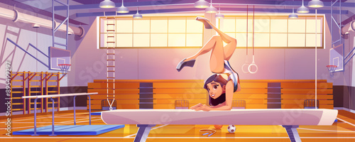 Female professional artistic gymnast in leotard doing acrobatic balance element on hands on beam in sport gym interior. Cartoon vector illustration of young girl in gymnasium making handstand figure.