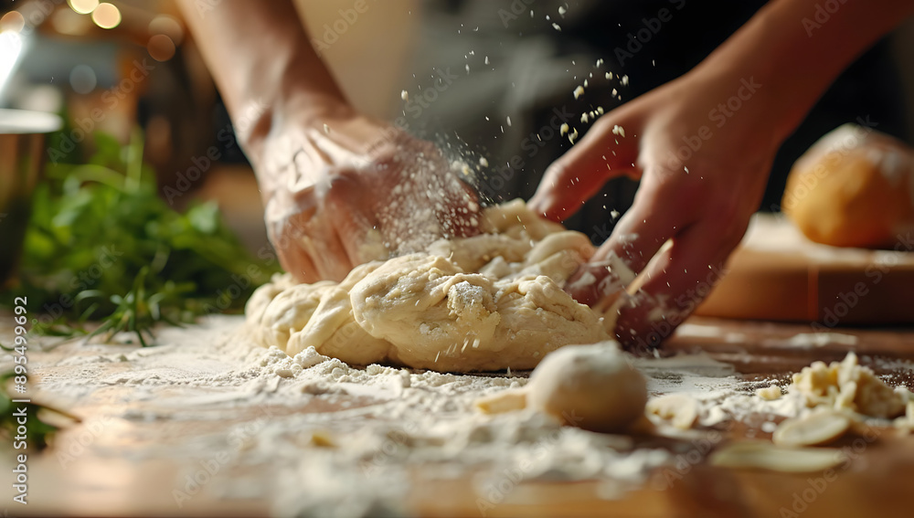 Close-up of hands kneading dough on a floured surface, capturing the art of homemade baking in a cozy kitchen setting. Close-up of hands kneading dough on a floured surface, capturing the art of homemade baking in a cozy kitchen setting.