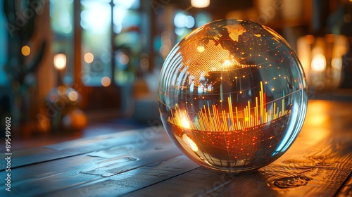 A crystal globe showcasing economic growth with vibrant data visualization elements, symbolizing global finance and analytics.