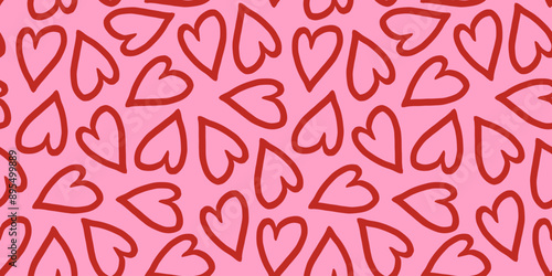 Red hearts outline on pink background seamless pattern. Sweet love. Valentine's day cute backdrop texture, wallpaper. Romantic wedding background. photo