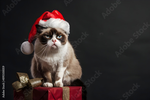 Cute cat wearing a Santa hat sitting on a gift box against a dark background. Perfect for holiday and Christmas themes. photo