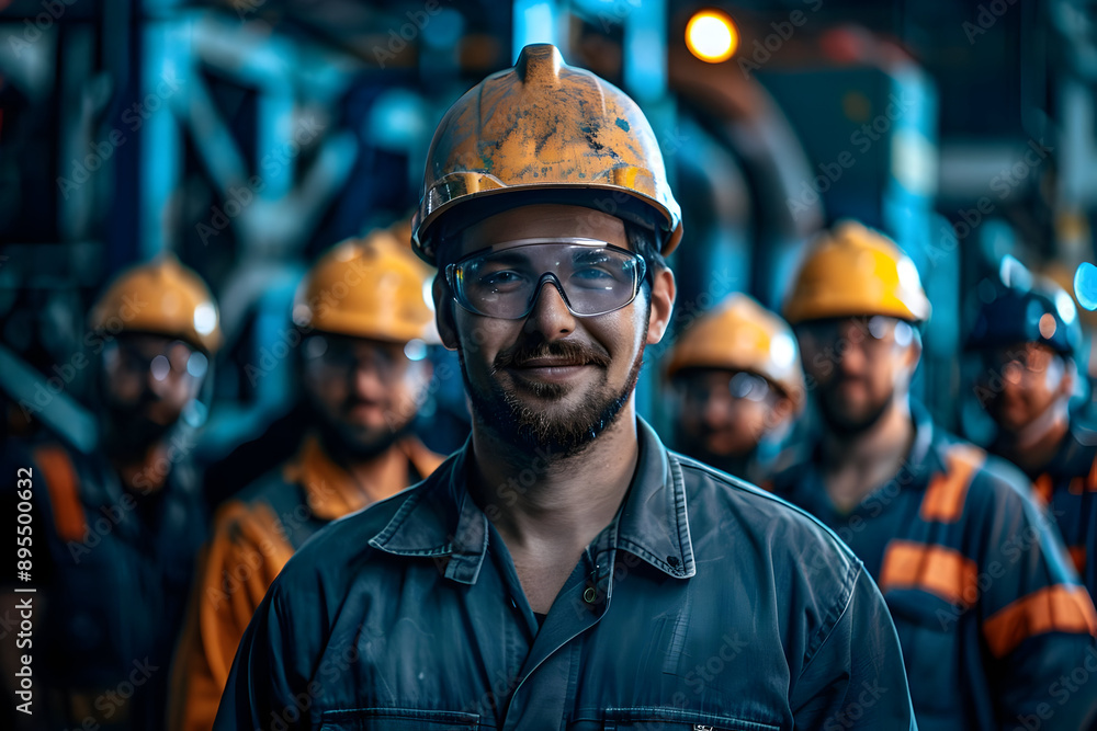 Group of confident industrial workers wearing safety gear in a factory, showcasing teamwork and professionalism in a manufacturing environment. Group of confident industrial workers wearing safety gear in a factory, showcasing teamwork and professionalism in a manufacturing environment.