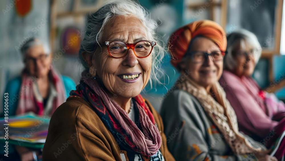 Group of senior women enjoying a creative arts class, smiling and socializing, showcasing joy, creativity, and friendship in their golden years. Group of senior women enjoying a creative arts class, smiling and socializing, showcasing joy, creativity, and friendship in their golden years.