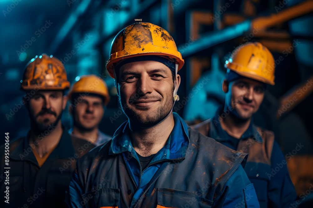 Group of smiling industrial workers wearing safety helmets and work uniforms in a factory setting, representing teamwork and industry. Group of smiling industrial workers wearing safety helmets and work uniforms in a factory setting, representing teamwork and industry.