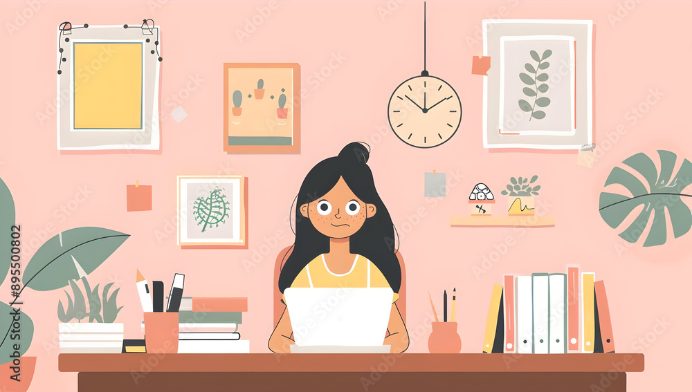 Illustration of a woman working at a desk with a laptop. The room is decorated with plants, books, and art in a cozy, modern setting. Illustration of a woman working at a desk with a laptop. The room is decorated with plants, books, and art in a cozy, modern setting.