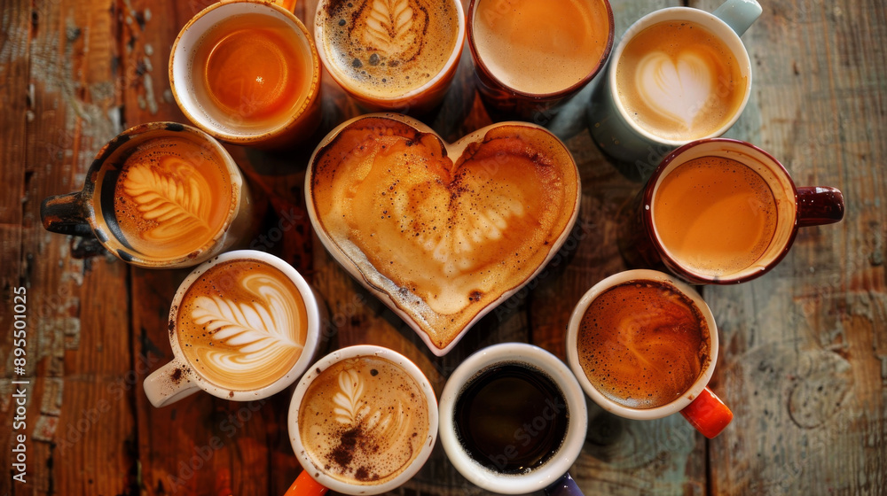 Coffee cups in all shapes and sizes are arranged attractively, some even forming a heart shape. This photo was taken from above. Coffee cups in all shapes and sizes are arranged attractively, some even forming a heart shape. This photo was taken from above.
