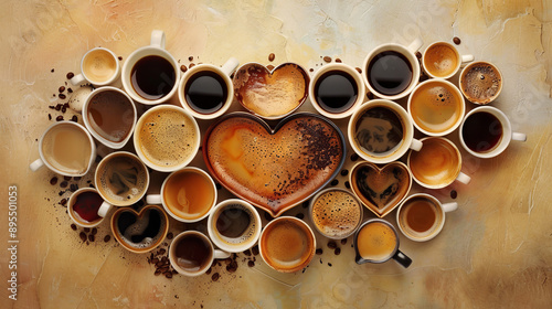 Coffee cups in all shapes and sizes are arranged attractively, some even forming a heart shape. This photo was taken from above.