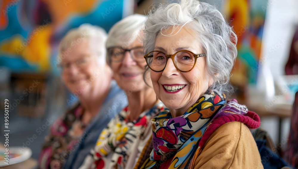 Three happy senior women sitting together, enjoying a gathering with colorful background. Three happy senior women sitting together, enjoying a gathering with colorful background.