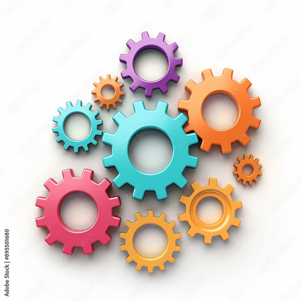 Colorful gears interlocked and isolated on a white background, representing teamwork and industrial engineering. Colorful gears interlocked and isolated on a white background, representing teamwork and industrial engineering.
