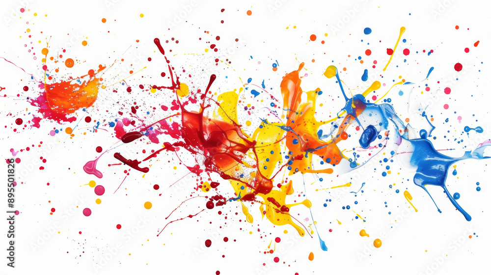 Colorful 3D paint splatters stand out against a pure white backdrop.