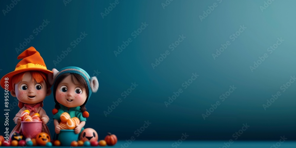 Fototapeta premium Kids dressed in costumes holding buckets of candy
