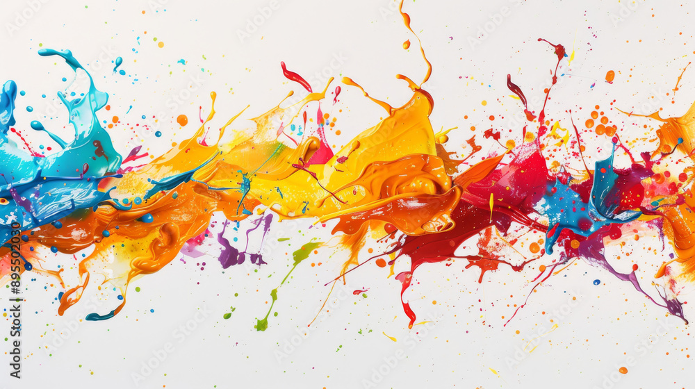 Colorful 3D paint splatters stand out against a pure white backdrop. Colorful 3D paint splatters stand out against a pure white backdrop.