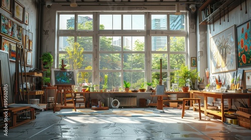 Wallpaper Mural A vibrant art studio with large windows, easels, and a variety of art supplies. Torontodigital.ca