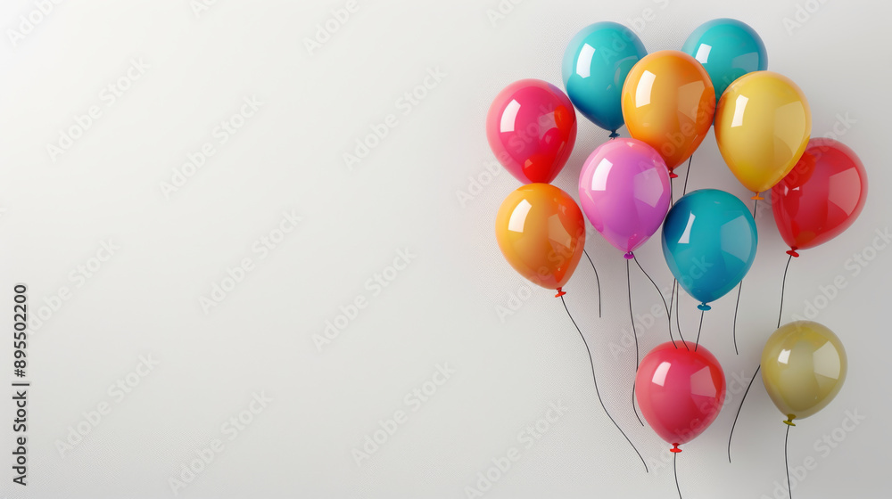 Colorful balloons float in the air against a plain white backdrop. Colorful balloons float in the air against a plain white backdrop.