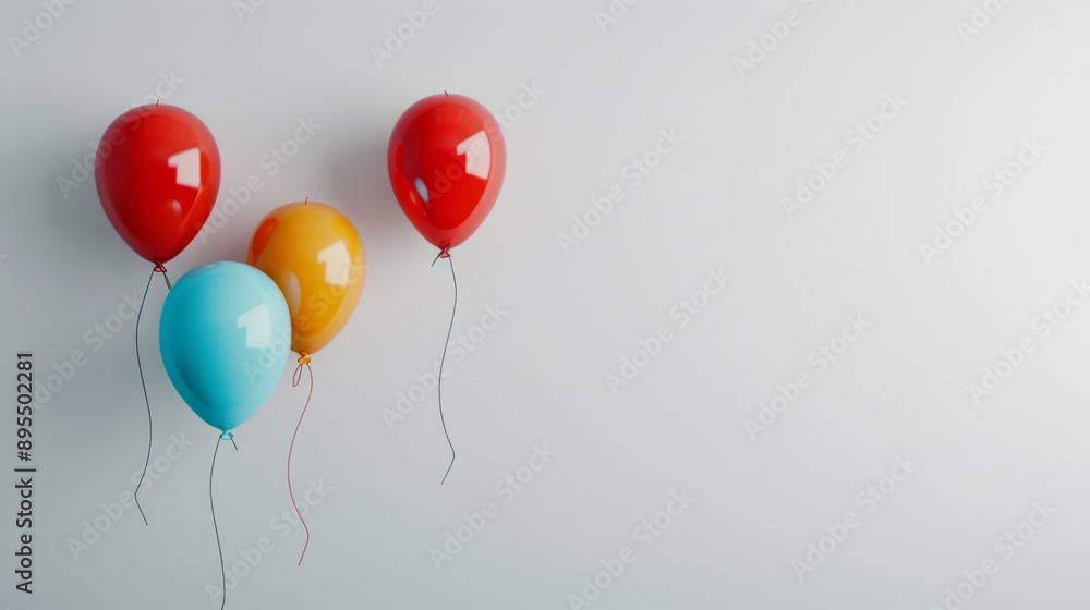 Colorful balloons float in the air against a plain white backdrop. Colorful balloons float in the air against a plain white backdrop.