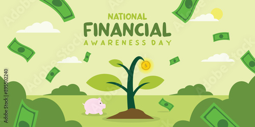 National Financial Awareness Day. Plants, coin, piggy bank and more. Great for cards, banners, posters, social media and more. Easy green background.
