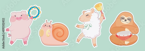 Cute animal musicians band with different music instruments playing song and dancing. Cartoon vector set of childish pig with tambourine, snail with hand cymbal, sheep with bell and sloth with drum.