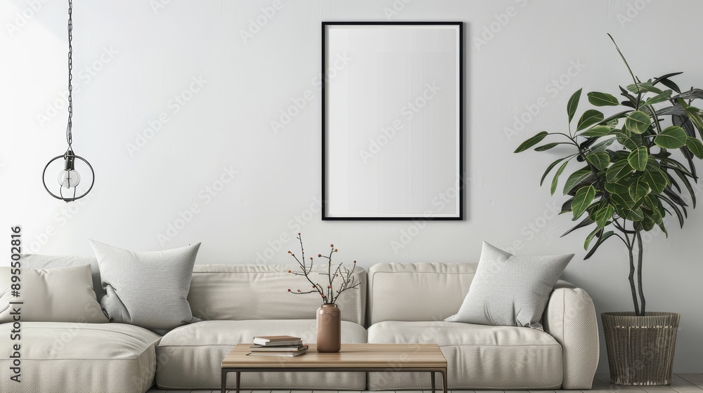 A modern living room with a white sofa, a black framed picture, a hanging light fixture and a potted plant. The room is decorated in a minimalist style. This image represents a concept of calmness, si A modern living room with a white sofa, a black framed picture, a hanging light fixture and a potted plant. The room is decorated in a minimalist style. This image represents a concept of calmness, si