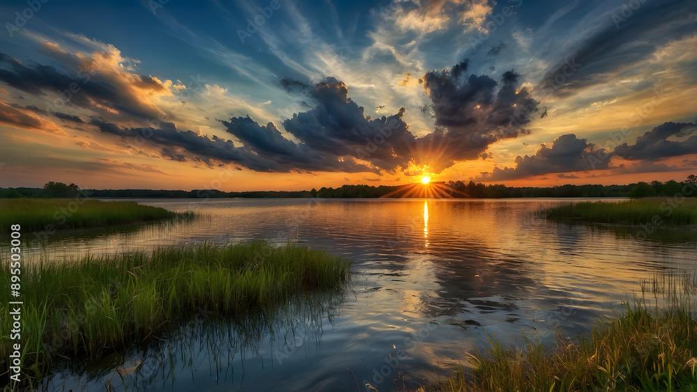 A beautiful sunset beyonds a lake with evening clouds A beautiful sunset beyonds a lake with evening clouds