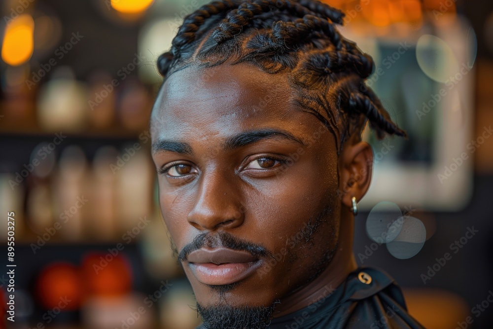 A striking portrait of a man with intricate braided hair and an intense gaze, conveying strength and depth through his expression and distinctly styled appearance. A striking portrait of a man with intricate braided hair and an intense gaze, conveying strength and depth through his expression and distinctly styled appearance.