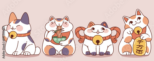 Japanese lucky cats set isolated on background. Contemporary vector cartoon illustration of cute maneki-neko beckoning kitty mascot eating noodles, hugging golden coin, traditional asian wealth symbol