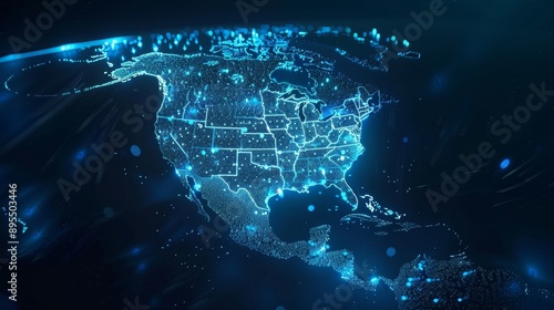 This image depicts the interconnectedness of North America, with the United States, Canada, and Mexico represented as a digital network map, symbolizing communication, technology, globalization, and t