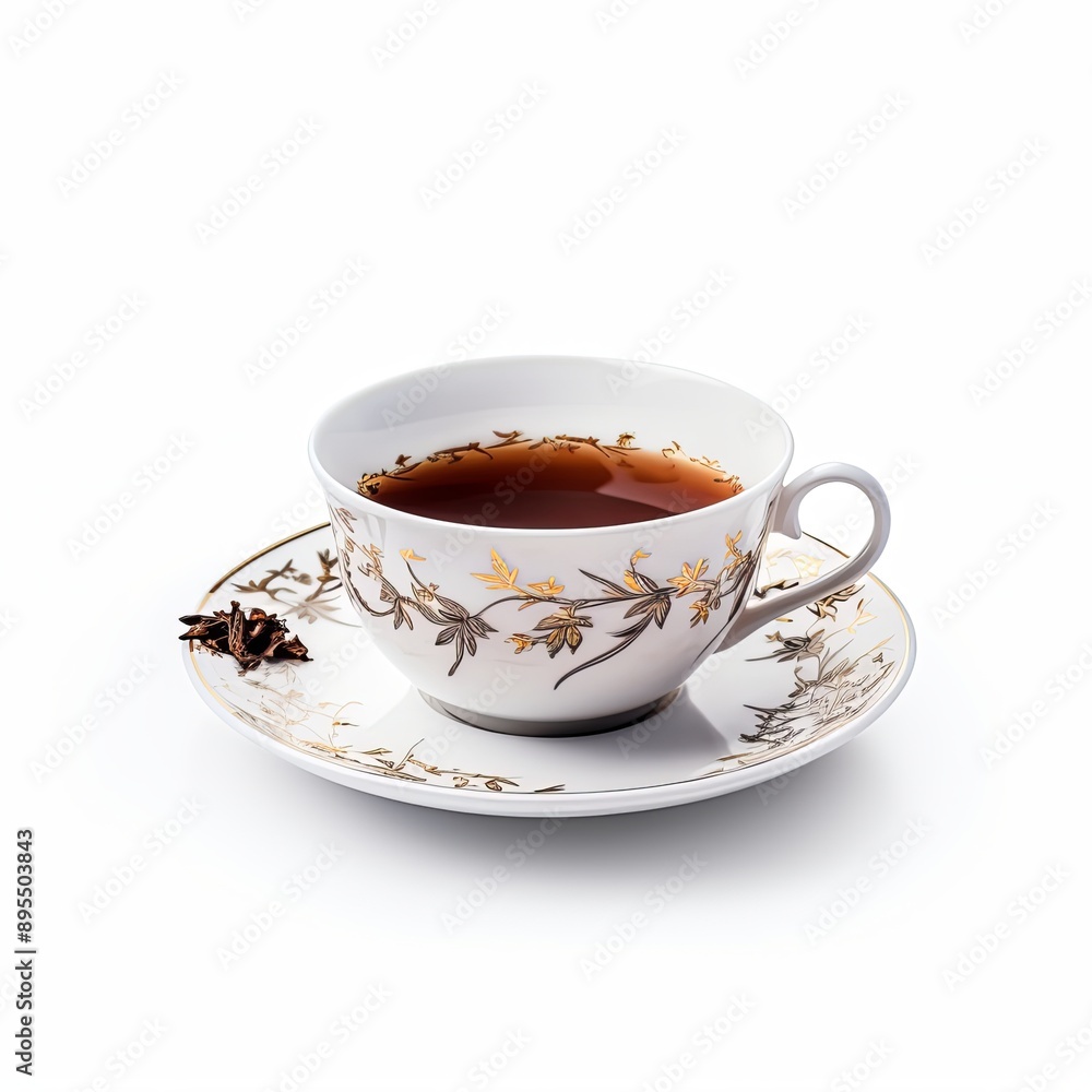 A beautifully crafted white and gold teacup with intricate floral designs, filled with aromatic brown tea, resting on a matching saucer. Perfect for a relaxing tea time. A beautifully crafted white and gold teacup with intricate floral designs, filled with aromatic brown tea, resting on a matching saucer. Perfect for a relaxing tea time.