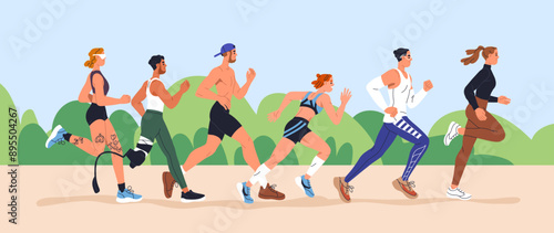 People jogging, running together in park. Inclusive joggers group, outdoor training and cardio exercise. Active fit runners, healthy physical activity, sport in nature. Flat vector illustration