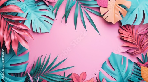 Tropical leaves in vibrant colors arranged in a frame on a pink background, symbolizing summer, nature, freshness, vibrancy, and creativity.