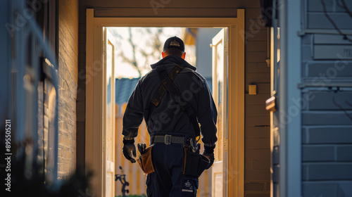 Professional repair worker with a tool kit entering a home, captured from the back as they approach the door