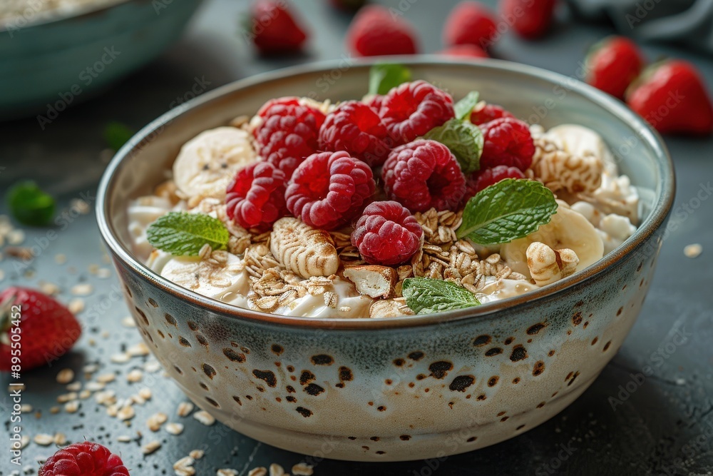 A delicious and healthy breakfast bowl filled with oats, nuts, and fresh raspberries, garnished with mint leaves, ideal for a nutritious start to the day and promoting wellness. A delicious and healthy breakfast bowl filled with oats, nuts, and fresh raspberries, garnished with mint leaves, ideal for a nutritious start to the day and promoting wellness.