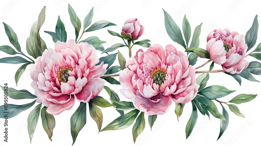 A delicate watercolor painting of pink peonies arranged on a branch with lush green leaves, symbolizing love, beauty, prosperity, and happiness. This image is perfect for adding a touch of elegance an A delicate watercolor painting of pink peonies arranged on a branch with lush green leaves, symbolizing love, beauty, prosperity, and happiness. This image is perfect for adding a touch of elegance an