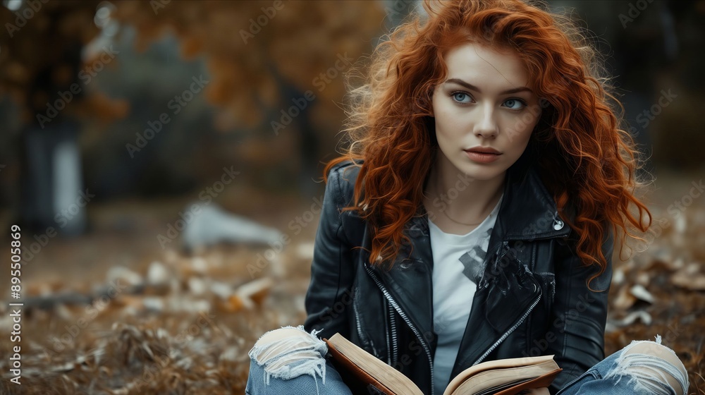 A young woman with red hair sitting on the ground holding a book. A young woman with red hair sitting on the ground holding a book.