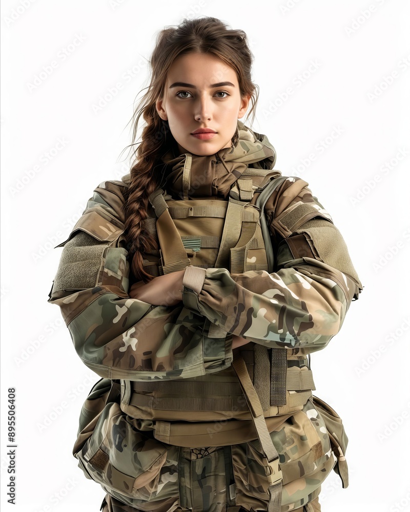 A woman in military gear standing with her arms crossed. A woman in military gear standing with her arms crossed.