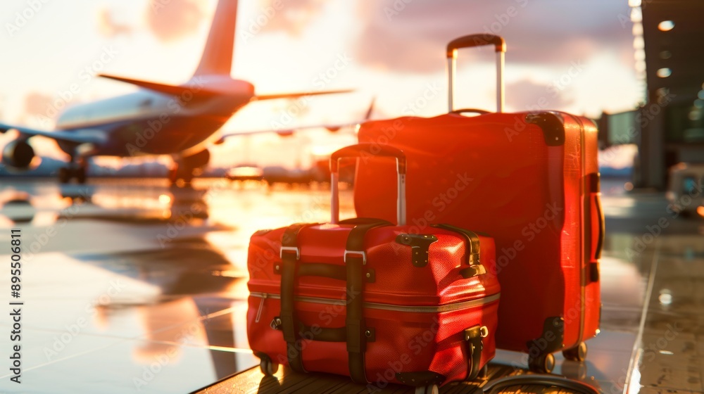 Naklejka premium Suitcase or luggage with conveyor belt in the airport.
