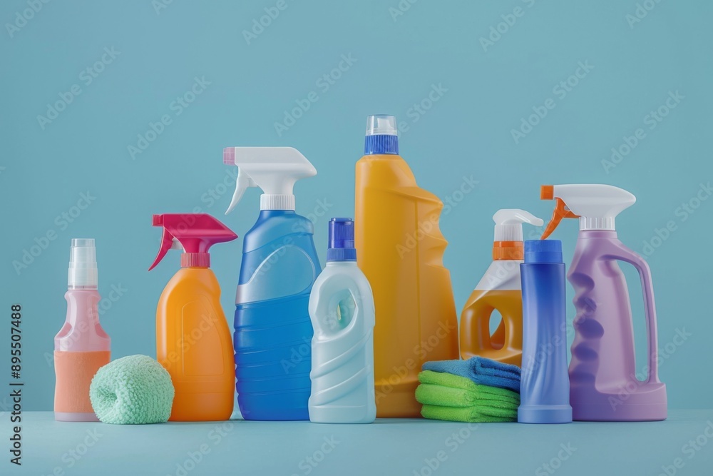 cleaning products in a recyclable plastic bottles on a blue background cleaning products in a recyclable plastic bottles on a blue background