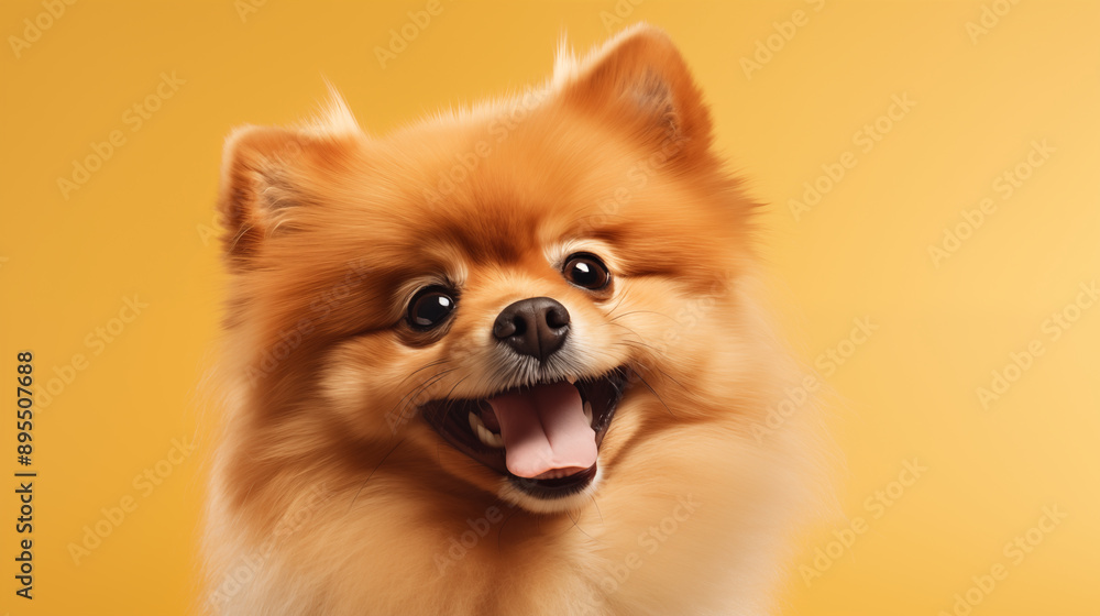 Pomeranian dog, isolated on yellow background Pomeranian dog, isolated on yellow background