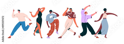 Happy dancing people at discotheque. Excited group, diverse men and women celebrating and having fun at disco. Joyful characters in action. Flat vector illustration isolated on white background