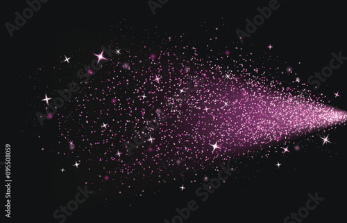 Pink glitter light spray effect. Dust sparkle vector. Magic powder burst. Rose perfume mist texture. Luxury shiny paint explosion with shimmer and twinkle. Bright starlight glow trail at night