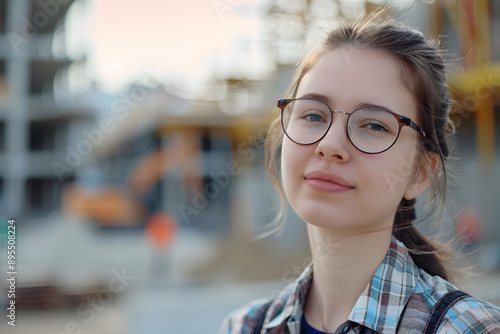 A portrait of a pretty site engineer with a construction background