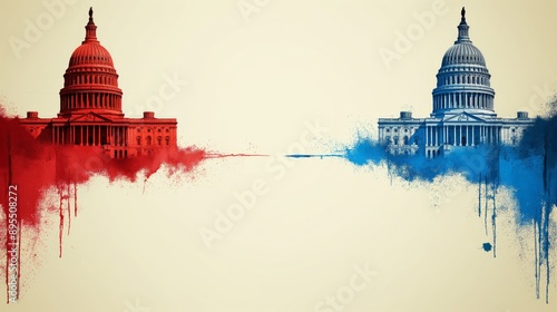 Abstract illustration of the US Capitol buildings in red and blue, symbolizing political divide and bipartisanship in America.