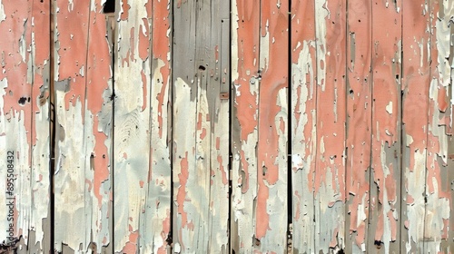 The image is of a wooden wall with a lot of paint peeling off