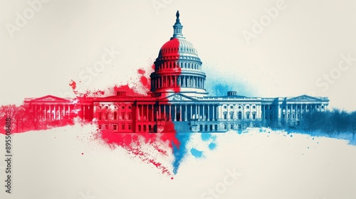 Artistic watercolor painting of the United States Capitol building with red and blue splashes symbolizing politics and government. photo