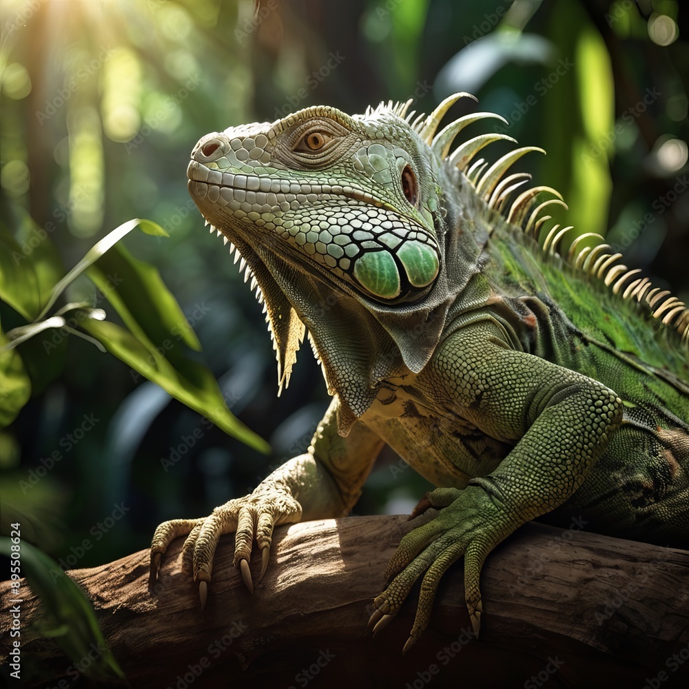 Obraz premium Vibrant green iguana in forest branches ,close up shot ,Ai Generated image