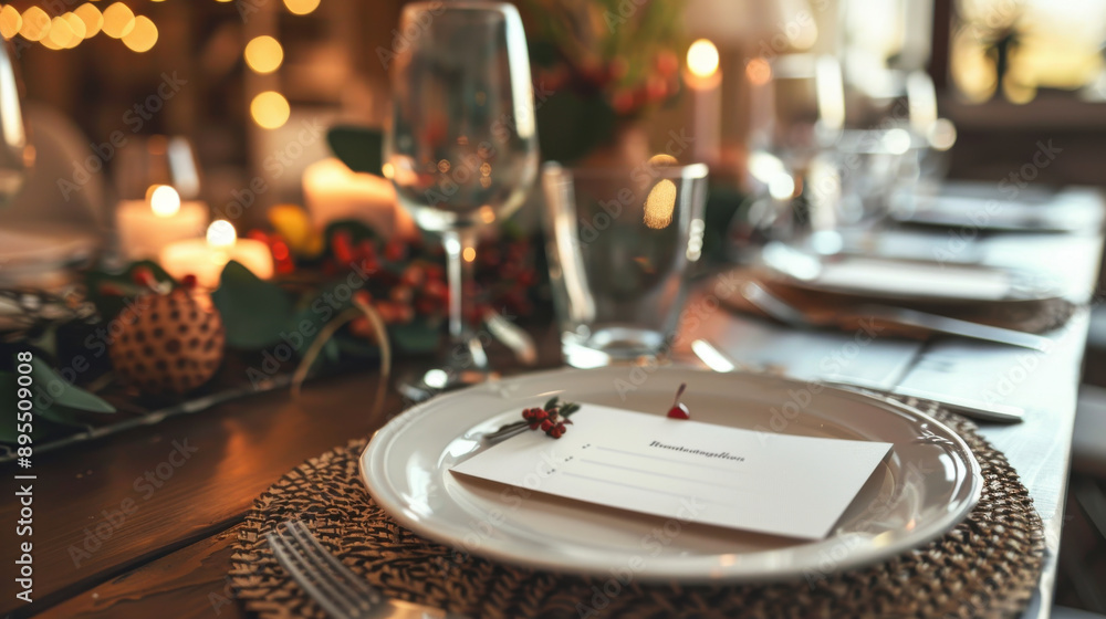 Sophisticated table setup with a blank reservation card for a wedding or special occasion Sophisticated table setup with a blank reservation card for a wedding or special occasion