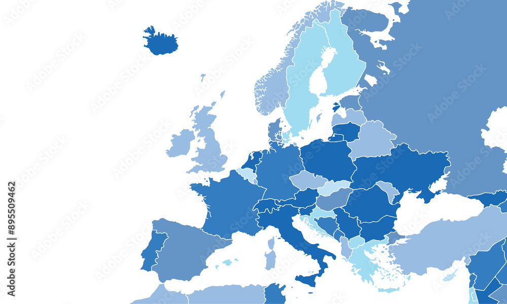Naklejka premium Europe map with individual colors,isolated on white background for website layouts,background,education, precise,customizable,Travel worldwide,map silhouette backdrop,earth geography, political.