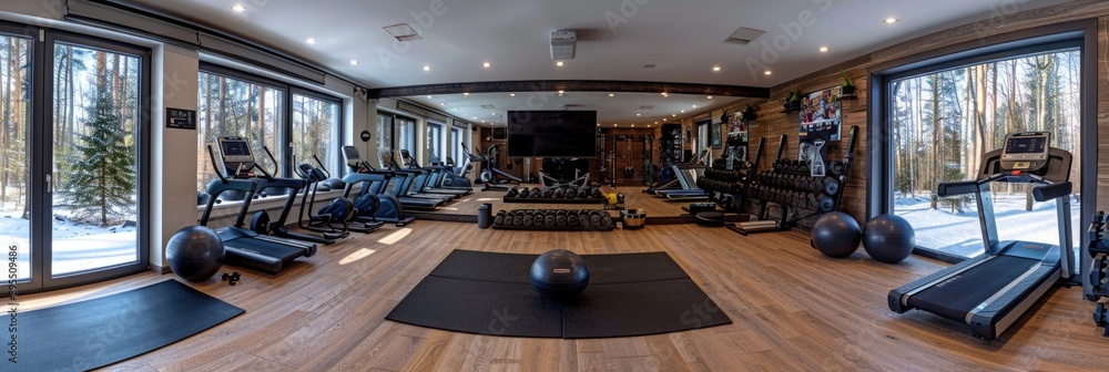 Modern Home Gym Setup with Workout Equipment, Mirrored Wall, and TV for Fitness Videos - Sony A7 IV Captured Modern Home Gym Setup with Workout Equipment, Mirrored Wall, and TV for Fitness Videos - Sony A7 IV Captured