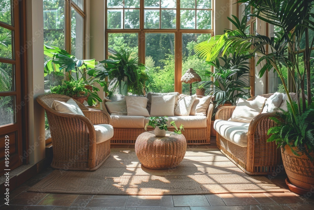 Serene Sunroom Retreat with Wicker Furniture and Lush Greenery, Illuminated by Natural Light from a Sony A7 IV Serene Sunroom Retreat with Wicker Furniture and Lush Greenery, Illuminated by Natural Light from a Sony A7 IV