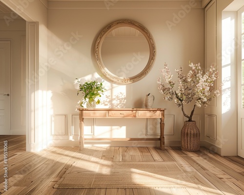 Stylish Foyer Interior with Ornate Mirror, Entryway Table, and Modern Lighting, Captured with Sony A7 IV